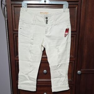 White Distressed Capri Pants